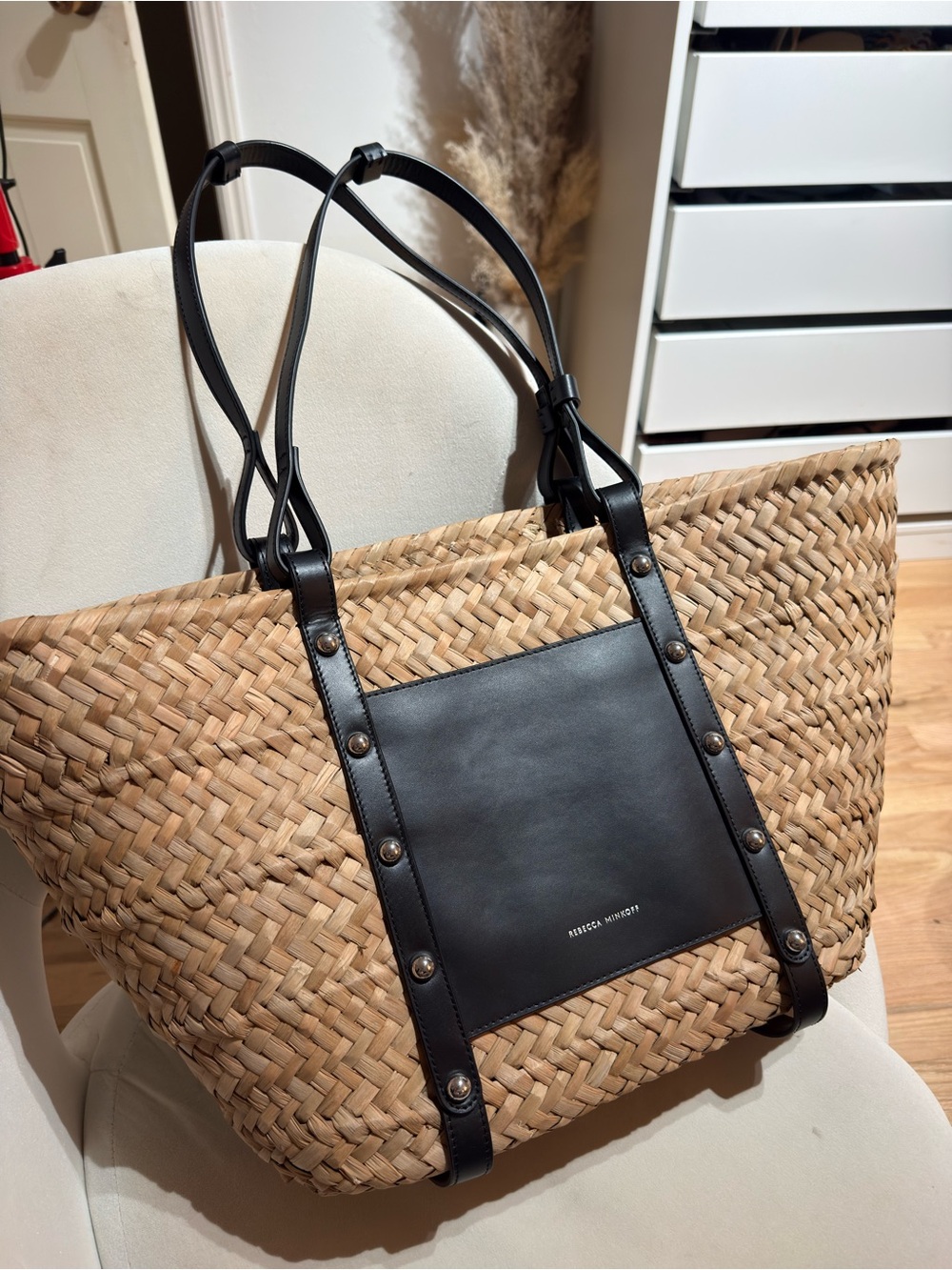 NEW - never used - Rebecca Minkoff Natural Straw Tote with Black Leather Trim - Picture 3 of 12